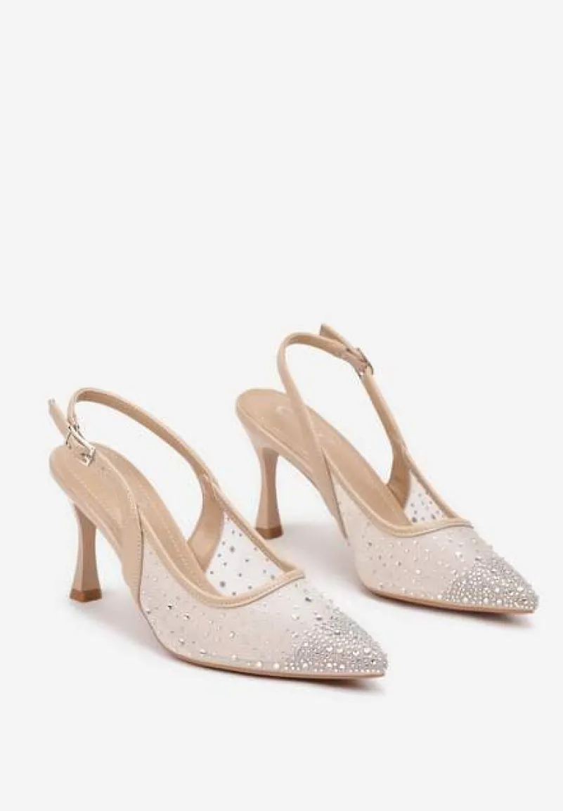 Beżowe Eleganckie Czółenka z Cyrkoniami i Klepsydrową Szpilką Renamia