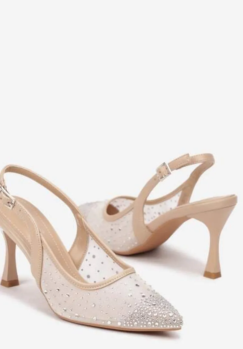 Beżowe Eleganckie Czółenka z Cyrkoniami i Klepsydrową Szpilką Renamia