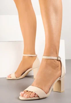 Beżowe Eleganckie Sandały Vices z Ekozamszu na Słupkowym Obcasie Soninda