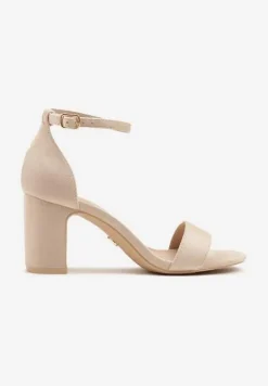 Beżowe Eleganckie Sandały Vices z Ekozamszu na Słupkowym Obcasie Soninda
