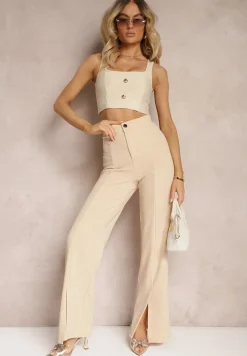 Beżowe Eleganckie Spodnie High Waist o Szerokim Kroju z Wiskozą i Rozcięciami Yurlea
