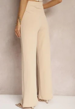 Beżowe Eleganckie Spodnie High Waist o Szerokim Kroju z Wiskozą i Rozcięciami Yurlea