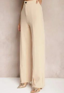 Beżowe Eleganckie Spodnie High Waist o Szerokim Kroju z Wiskozą i Rozcięciami Yurlea