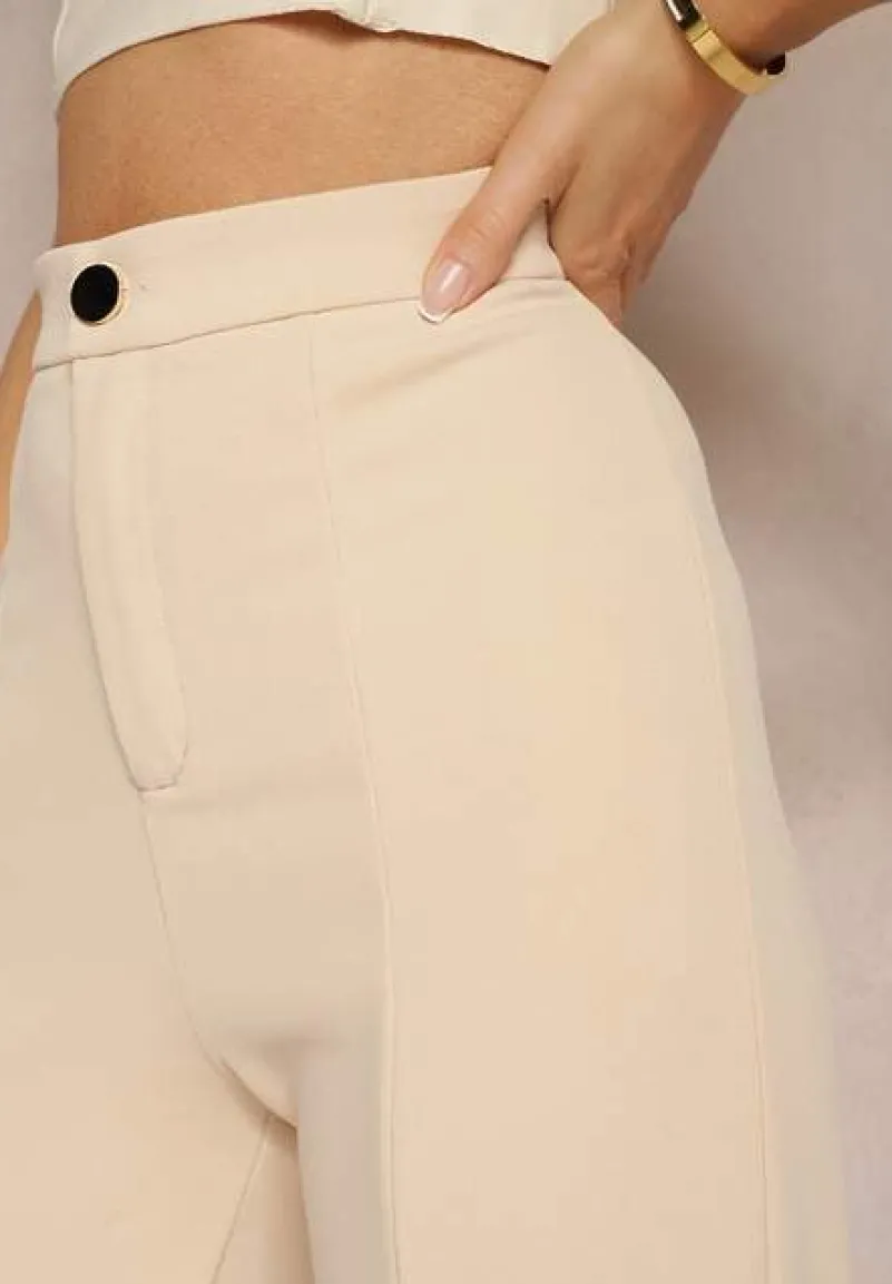 Beżowe Eleganckie Spodnie High Waist o Szerokim Kroju z Wiskozą i Rozcięciami Yurlea