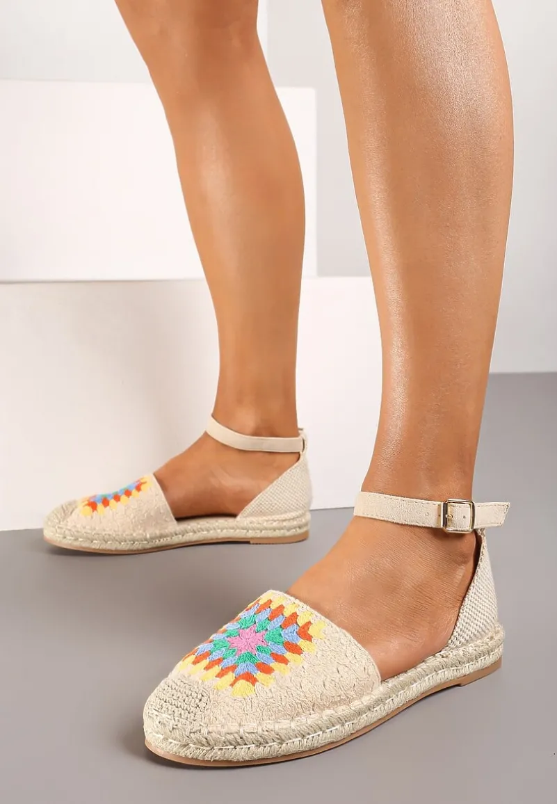 Beżowe Espadryle na Płaskiej Podeszwie Zapinane na Sprzączkę z Plecioną Podeszwą Laveda