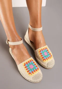 Beżowe Espadryle na Płaskiej Podeszwie Zapinane na Sprzączkę z Plecioną Podeszwą Laveda