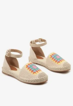 Beżowe Espadryle na Płaskiej Podeszwie Zapinane na Sprzączkę z Plecioną Podeszwą Laveda