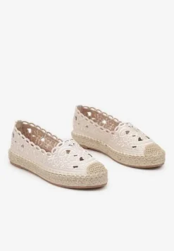 Beżowe Espadryle na Podeszwie z Plecionki Zdobione Ażurowym Wzorem Elnil