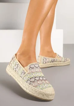Beżowe Espadryle Ozdobione Metaliczną Nitką na Podeszwie z Plecionki Raslira