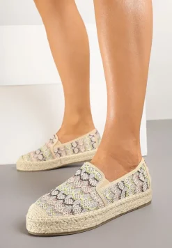 Beżowe Espadryle Ozdobione Metaliczną Nitką na Podeszwie z Plecionki Raslira
