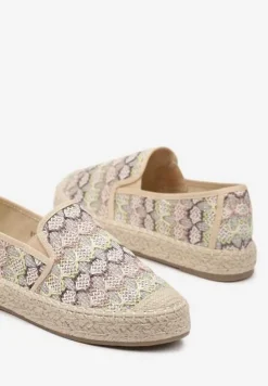 Beżowe Espadryle Ozdobione Metaliczną Nitką na Podeszwie z Plecionki Raslira