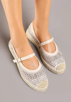 Beżowe Espadryle Ozdobione Plecionką i Ażurową Cholewką Rinelona