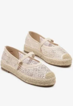 Beżowe Espadryle Ozdobione Plecionką i Ażurową Cholewką Rinelona