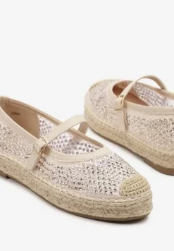 Beżowe Espadryle Ozdobione Plecionką i Ażurową Cholewką Rinelona