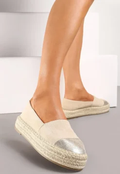 Beżowe Espadryle z Brokatowym Noskiem i Plecioną Podeszwą Plaora