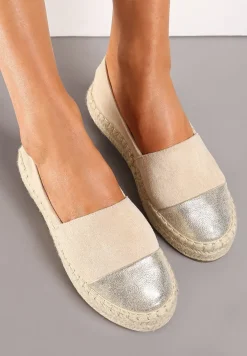 Beżowe Espadryle z Brokatowym Noskiem i Plecioną Podeszwą Plaora