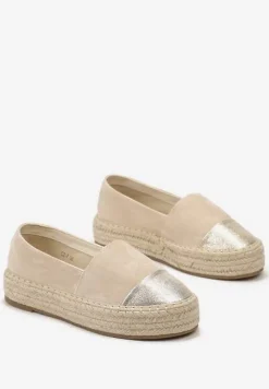 Beżowe Espadryle z Brokatowym Noskiem i Plecioną Podeszwą Plaora