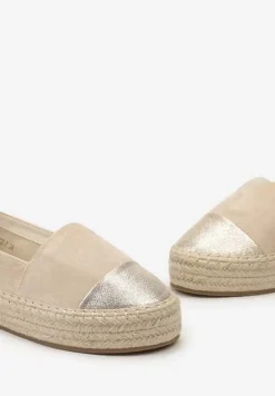 Beżowe Espadryle z Brokatowym Noskiem i Plecioną Podeszwą Plaora