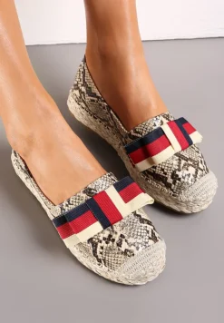 Beżowe Espadryle z Imitacji Skóry Węża na Plecionej Podeszwie z Ozdobną Taśmą Realyn