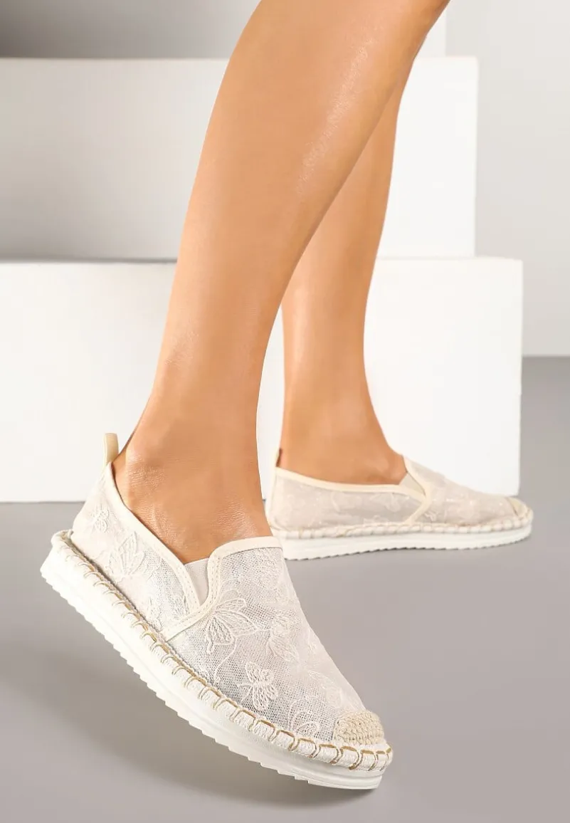 Beżowe Espadryle z Plecionką i Koronką Vivello