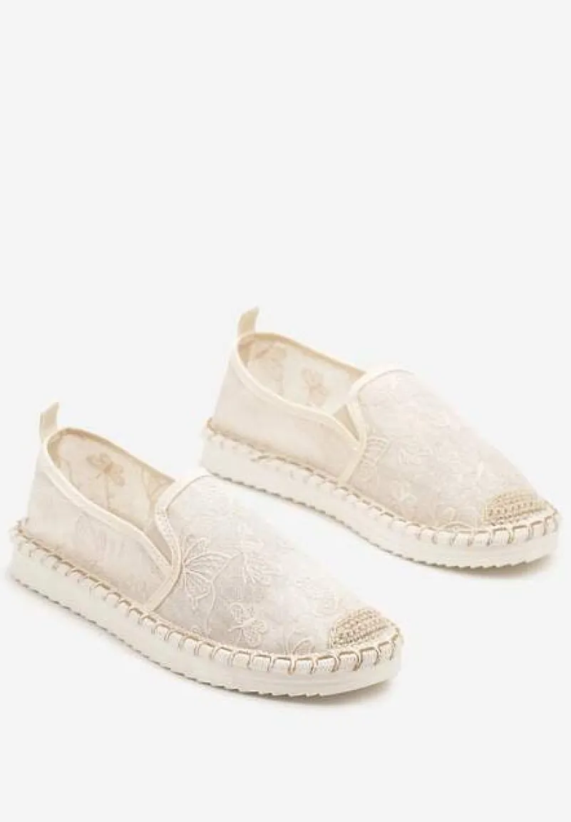 Beżowe Espadryle z Plecionką i Koronką Vivello