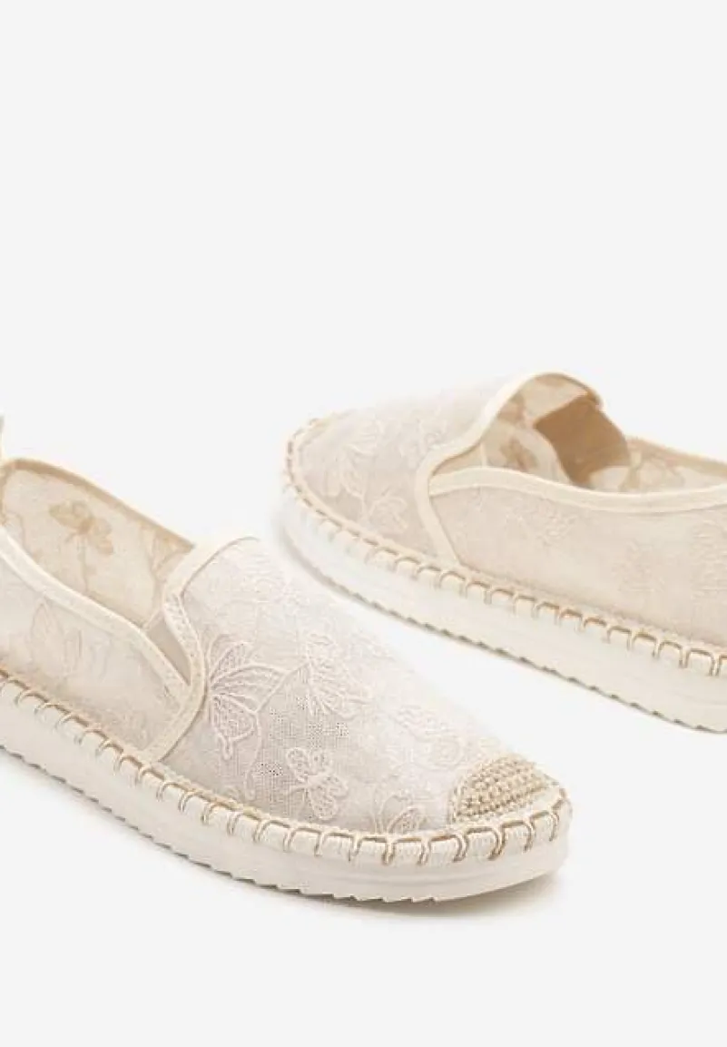 Beżowe Espadryle z Plecionką i Koronką Vivello
