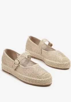 Beżowe Espadryle z Plecionki z Ozdobnym Noskiem Sprzączką i Wkładką ze Skóry Eranwena