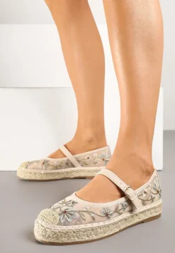 Beżowe Espadryle z Siateczki na Plecionej Podeszwie Zdobione Haftem Evelritia
