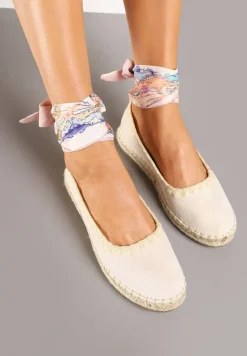 Beżowe Espadryle ze Wzorzystym Wiązaniem Przy Kostce Zdobione Plecionką Lortevia