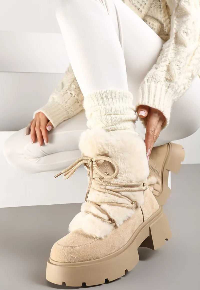 Beżowe Futerkowe Botki Śniegowce na Tłoczonej Podeszwie Savalithea