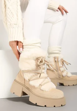 Beżowe Futerkowe Botki Śniegowce na Tłoczonej Podeszwie Savalithea