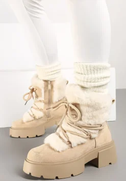 Beżowe Futerkowe Botki Śniegowce na Tłoczonej Podeszwie Savalithea