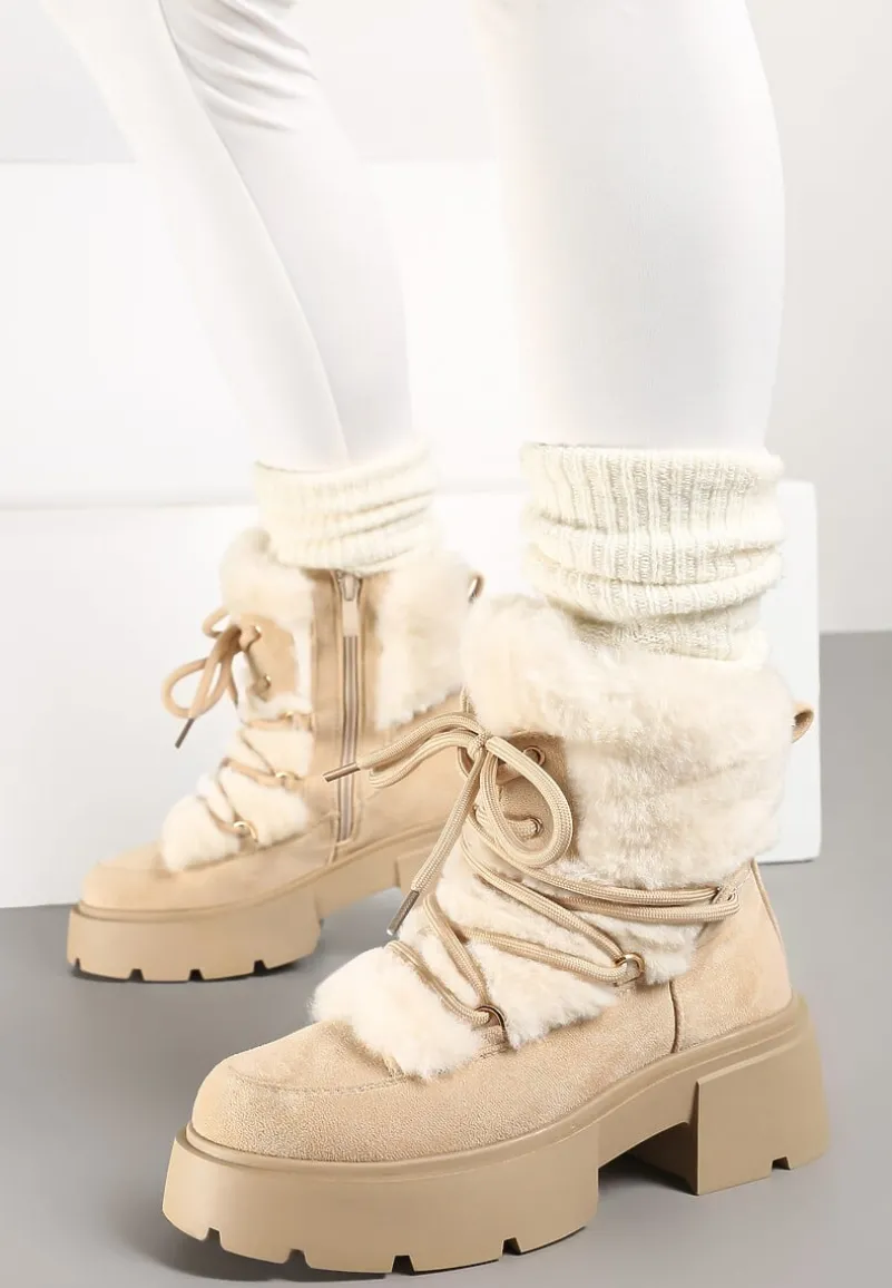 Beżowe Futerkowe Botki Śniegowce na Tłoczonej Podeszwie Savalithea