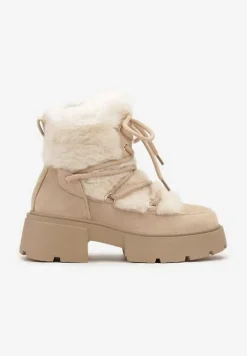 Beżowe Futerkowe Botki Śniegowce na Tłoczonej Podeszwie Savalithea