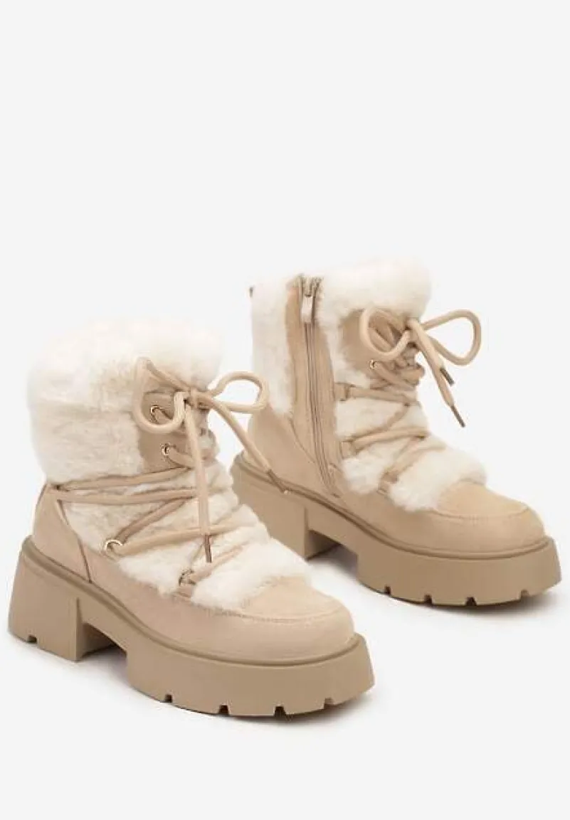 Beżowe Futerkowe Botki Śniegowce na Tłoczonej Podeszwie Savalithea