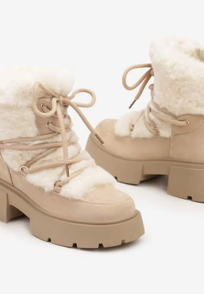Beżowe Futerkowe Botki Śniegowce na Tłoczonej Podeszwie Savalithea