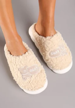Beżowe Futerkowe Kapcie na Grubej Tłoczonej Podeszwie Naritevia