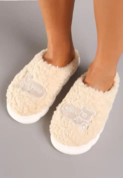 Beżowe Futerkowe Kapcie na Grubej Tłoczonej Podeszwie Naritevia