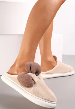 Beżowe Futerkowe Kapcie z Pluszową Kokardką Vlemona