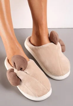 Beżowe Futerkowe Kapcie z Pluszową Kokardką Vlemona