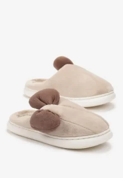 Beżowe Futerkowe Kapcie z Pluszową Kokardką Vlemona