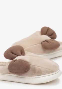 Beżowe Futerkowe Kapcie z Pluszową Kokardką Vlemona