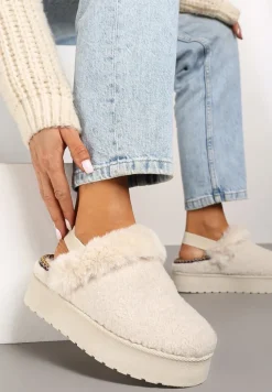 Beżowe Futerkowe Śniegowce na Grubej Podeszwie z Gumką na Pięcie Sosena