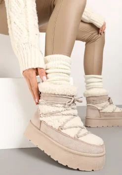 Beżowe Futerkowe Śniegowce Sznurowane na Grubej Podeszwie Werira
