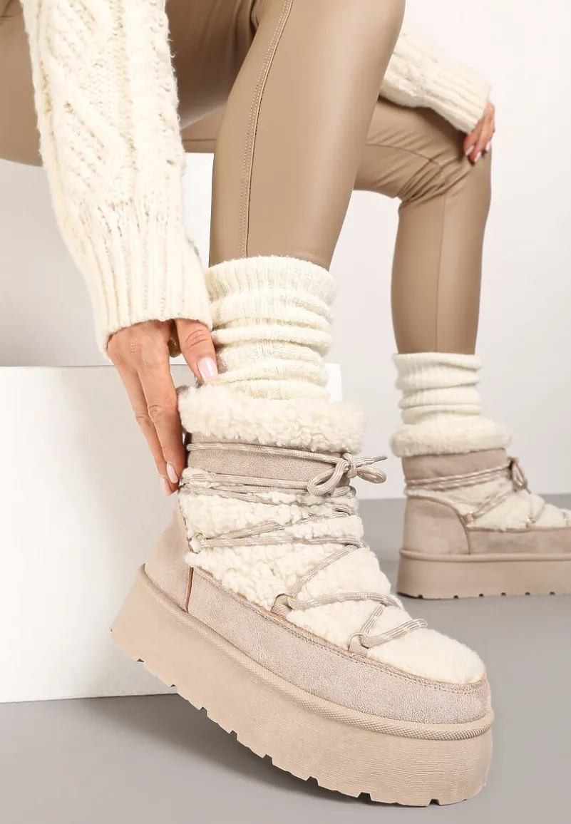 Beżowe Futerkowe Śniegowce Sznurowane na Grubej Podeszwie Werira