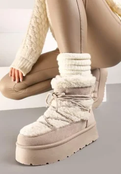 Beżowe Futerkowe Śniegowce Sznurowane na Grubej Podeszwie Werira