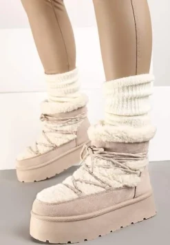 Beżowe Futerkowe Śniegowce Sznurowane na Grubej Podeszwie Werira