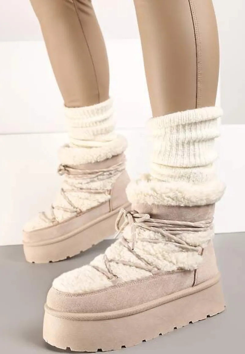 Beżowe Futerkowe Śniegowce Sznurowane na Grubej Podeszwie Werira