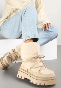 Beżowe Futerkowe Śniegowce Sznurowane z Wywiniętą Cholewką i Tłoczoną Podeszwą Sagizelle