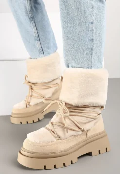 Beżowe Futerkowe Śniegowce Sznurowane z Wywiniętą Cholewką i Tłoczoną Podeszwą Sagizelle